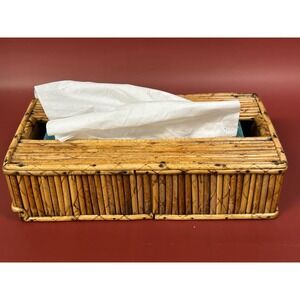 Vintage MCM Tissue Box Cover Wicker Rattan Tortoise Shell Burnt Bamboo